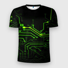 Мужская футболка 3D спортивная с принтом Tehnology , 100% полиэстер с улучшенными характеристиками | приталенный силуэт, круглая горловина, широкие плечи, сужается к линии бедра | Тематика изображения на принте: зеленый | микросхема | черный