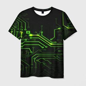 Мужская футболка 3D с принтом Tehnology , 100% полиэфир | прямой крой, круглый вырез горловины, длина до линии бедер | Тематика изображения на принте: зеленый | микросхема | черный