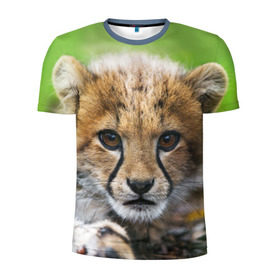 Мужская футболка 3D спортивная с принтом Котёнок гепарда , 100% полиэстер с улучшенными характеристиками | приталенный силуэт, круглая горловина, широкие плечи, сужается к линии бедра | Тематика изображения на принте: гепард | дикая кошка | котёнок | кошка | лев | природа | тигр | хищник | ягуар