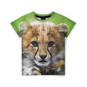 Детская футболка 3D с принтом Котёнок гепарда , 100% гипоаллергенный полиэфир | прямой крой, круглый вырез горловины, длина до линии бедер, чуть спущенное плечо, ткань немного тянется | Тематика изображения на принте: гепард | дикая кошка | котёнок | кошка | лев | природа | тигр | хищник | ягуар