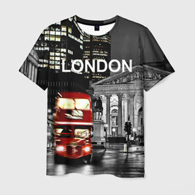 Мужская футболка 3D с принтом Улицы Лондона , 100% полиэфир | прямой крой, круглый вырез горловины, длина до линии бедер | bus | city | england | evening | lights | london | night | street | two storey | united kingdom | автобус | англия | великобритания | вечер | город | двухэтажный | лондон | ночь | огни | улица