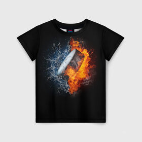 Детская футболка 3D с принтом Шайба - огонь и вода , 100% гипоаллергенный полиэфир | прямой крой, круглый вырез горловины, длина до линии бедер, чуть спущенное плечо, ткань немного тянется | вода | лед | огонь | пламя | россия | спорт | хоккей | шайба