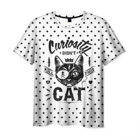Мужская футболка 3D с принтом Curiosity Cat , 100% полиэфир | прямой крой, круглый вырез горловины, длина до линии бедер | animal | beast | cat | feline | gangsta | kill | king | kitty | meow | nature | гангстер | животное | зверь | король | кот | котенок | котик | кошка | мяу | природа