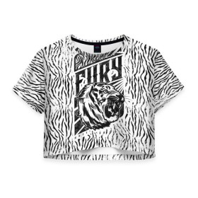 Женская футболка 3D укороченная с принтом Fury Tiger , 100% полиэстер | круглая горловина, длина футболки до линии талии, рукава с отворотами | Тематика изображения на принте: 