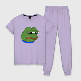 Женская пижама хлопок с принтом SAD FROG , 100% хлопок | брюки и футболка прямого кроя, без карманов, на брюках мягкая резинка на поясе и по низу штанин | meme | pepe frog | pepe the frog | sad frog | грустная лягушка | мем