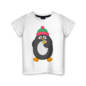 Детская футболка хлопок с принтом Пингвин с мороженым , 100% хлопок | круглый вырез горловины, полуприлегающий силуэт, длина до линии бедер | животные | милые животные | мороженое | пингвин | прикольные животные