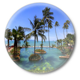 Значок с принтом Таиланд ,  металл | круглая форма, металлическая застежка в виде булавки | Тематика изображения на принте: clouds | hiking | sea | sky | swimming pool | thailand | trees | бассейн | море | небо | облака | пальмы | таиланд | туризм