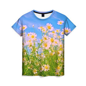 Женская футболка 3D с принтом Ромашка , 100% полиэфир ( синтетическое хлопкоподобное полотно) | прямой крой, круглый вырез горловины, длина до линии бедер | Тематика изображения на принте: flower | лето | полевой цветок | цветочки | цветы