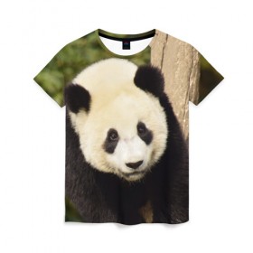 Женская футболка 3D с принтом Панда на дереве , 100% полиэфир ( синтетическое хлопкоподобное полотно) | прямой крой, круглый вырез горловины, длина до линии бедер | животные | лес | медведь | медвежонок | панда | природа