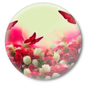 Значок с принтом Весна и бабочки ,  металл | круглая форма, металлическая застежка в виде булавки | flower | цветы