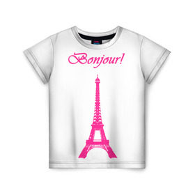 Детская футболка 3D с принтом Bonjour , 100% гипоаллергенный полиэфир | прямой крой, круглый вырез горловины, длина до линии бедер, чуть спущенное плечо, ткань немного тянется | Тематика изображения на принте: bonjour | france | hi | paris | the eiffel tower | tourism | башня | париж | привет | туризм | франция | эйфелева