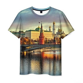 Мужская футболка 3D с принтом Москва река , 100% полиэфир | прямой крой, круглый вырез горловины, длина до линии бедер | kremlin | moscow | russia | город | кремль | москва | ночь | огни | река