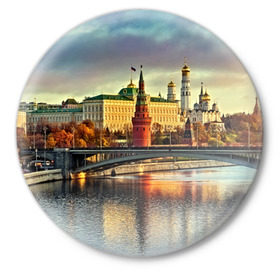 Значок с принтом Москва река ,  металл | круглая форма, металлическая застежка в виде булавки | Тематика изображения на принте: kremlin | moscow | russia | город | кремль | москва | ночь | огни | река