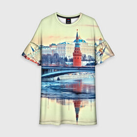 Детское платье 3D с принтом Река Москва , 100% полиэстер | прямой силуэт, чуть расширенный к низу. Круглая горловина, на рукавах — воланы | kremlin | moscow | russia | город | кремль | москва | ночь | огни | река