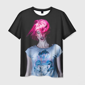Мужская футболка 3D с принтом девушка с розовыми волосами , 100% полиэфир | прямой крой, круглый вырез горловины, длина до линии бедер | Тематика изображения на принте: волосы | девушка | мода | парик | перья | розовый | стиль | череп | этника | этно