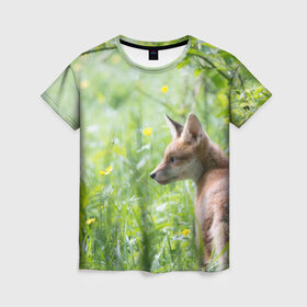 Женская футболка 3D с принтом Лисенок , 100% полиэфир ( синтетическое хлопкоподобное полотно) | прямой крой, круглый вырез горловины, длина до линии бедер | fox | животное | зверь | красивая | лес | лис | лиса | лисенок | лисица | лисичка | природа | рыжая | рыжий цвет | хвост | хитрая | хищник