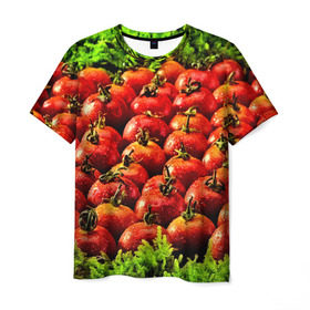 Мужская футболка 3D с принтом Томатик , 100% полиэфир | прямой крой, круглый вырез горловины, длина до линии бедер | 3d | еда | зелень | красный | лето | много | овощи | пища | помидор | прикольные | томат | яркие