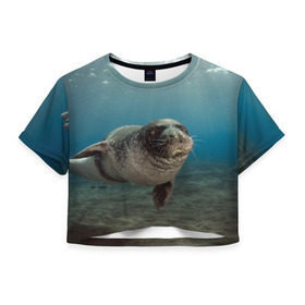 Женская футболка 3D укороченная с принтом Тюлень под водой , 100% полиэстер | круглая горловина, длина футболки до линии талии, рукава с отворотами | Тематика изображения на принте: вода | дайвинг | жирный | косяк | красивые | милые | море | морская | морской котик | океан | плывет | подводный мир | прикольные | речная | рыба | рыбалка | стая | тюлень | усатый кот | фауна | чешуя