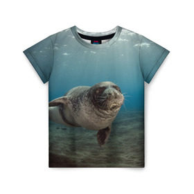 Детская футболка 3D с принтом Тюлень под водой , 100% гипоаллергенный полиэфир | прямой крой, круглый вырез горловины, длина до линии бедер, чуть спущенное плечо, ткань немного тянется | Тематика изображения на принте: вода | дайвинг | жирный | косяк | красивые | милые | море | морская | морской котик | океан | плывет | подводный мир | прикольные | речная | рыба | рыбалка | стая | тюлень | усатый кот | фауна | чешуя