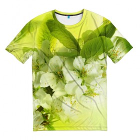 Мужская футболка 3D с принтом Цветы яблони , 100% полиэфир | прямой крой, круглый вырез горловины, длина до линии бедер | белый | весна | дерево | зеленый | природа | растения | цветы | яблоня