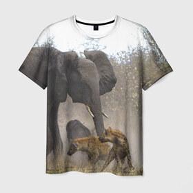 Мужская футболка 3D с принтом Гиены охотятся на слона , 100% полиэфир | прямой крой, круглый вырез горловины, длина до линии бедер | африка | африканский | бивни | большой | гигант джунгли | гиены | индийский | индия | лесной великан | мамонт | огромный | охота | саванна | сафари | серый | слон | слониха | стадо | уши | хобот