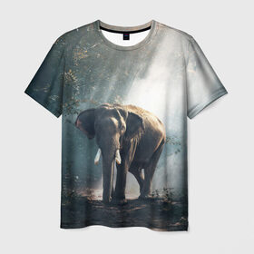 Мужская футболка 3D с принтом Слон в лесу , 100% полиэфир | прямой крой, круглый вырез горловины, длина до линии бедер | Тематика изображения на принте: африка | африканский | бивни | большой | гигант джунгли | зоопарк | индийский | индия | лесной великан | мамонт | огромный | саванна | сафари | серый | слон | слоненок | слониха | стадо | уши | хобот