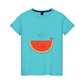 Женская футболка хлопок с принтом Кит Арбуз , 100% хлопок | прямой крой, круглый вырез горловины, длина до линии бедер, слегка спущенное плечо | Тематика изображения на принте: арбуз | иллюзия | кит | лето | море | океан | принт | рыба | семечки | фонтан | фрукты | ягоды