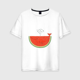 Женская футболка хлопок Oversize с принтом Кит Арбуз , 100% хлопок | свободный крой, круглый ворот, спущенный рукав, длина до линии бедер
 | Тематика изображения на принте: арбуз | иллюзия | кит | лето | море | океан | принт | рыба | семечки | фонтан | фрукты | ягоды