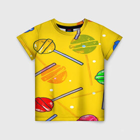 Детская футболка 3D с принтом Леденец , 100% гипоаллергенный полиэфир | прямой крой, круглый вырез горловины, длина до линии бедер, чуть спущенное плечо, ткань немного тянется | Тематика изображения на принте: желтая | чупа чупс | яркая | ярт