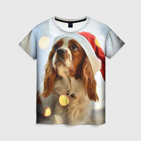Женская футболка 3D с принтом Рождество , 100% полиэфир ( синтетическое хлопкоподобное полотно) | прямой крой, круглый вырез горловины, длина до линии бедер | dog | кавалер кинг чарльз спаниель | новый год | пес | рождество | собака