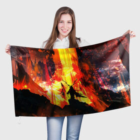 Флаг 3D с принтом Колдун , 100% полиэстер | плотность ткани — 95 г/м2, размер — 67 х 109 см. Принт наносится с одной стороны | Тематика изображения на принте: волшебник | вулкан | горы | камни | копьё | лава | огонь | пламя | рога | фантастика | шаман