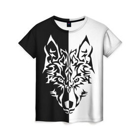 Женская футболка 3D с принтом Двуликий волк , 100% полиэфир ( синтетическое хлопкоподобное полотно) | прямой крой, круглый вырез горловины, длина до линии бедер | монохромный | тату | черно белый