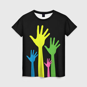 Женская футболка 3D с принтом Руки вверх! , 100% полиэфир ( синтетическое хлопкоподобное полотно) | прямой крой, круглый вырез горловины, длина до линии бедер | светящиеся | флуоресцентный | флюр | флюровый