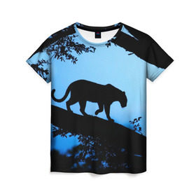 Женская футболка 3D с принтом Чёрная пантера , 100% полиэфир ( синтетическое хлопкоподобное полотно) | прямой крой, круглый вырез горловины, длина до линии бедер | африка | вечер | дерево | дикая кошка | закат | леопард | сафари | ягуар