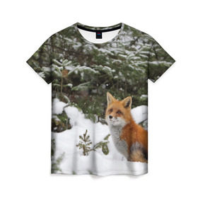 Женская футболка 3D с принтом Лиса в зимнем лесу , 100% полиэфир ( синтетическое хлопкоподобное полотно) | прямой крой, круглый вырез горловины, длина до линии бедер | fox | животное | зверь | красивая | лес | лис | лиса | лисенок | лисица | лисичка | мех | патрикеевна | песец | плутовка | прикольная | природа | рыжая | рыжий цвет | сказка | хвост | хитрая | хищник