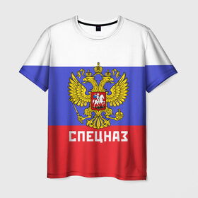 Мужская футболка 3D с принтом Спецназ, герб и флаг России , 100% полиэфир | прямой крой, круглый вырез горловины, длина до линии бедер | орел | отряд | рф | специального назначения | триколор