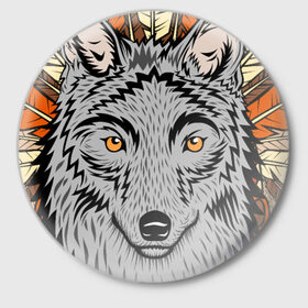 Значок с принтом Волк индеец ,  металл | круглая форма, металлическая застежка в виде булавки | арт | волк | волкодав | животные | индейцы | перья | собака