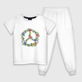 Детская пижама хлопок с принтом peace flowers , 100% хлопок |  брюки и футболка прямого кроя, без карманов, на брюках мягкая резинка на поясе и по низу штанин
 | Тематика изображения на принте: flowers | peace | мир | цветы