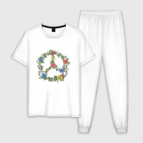 Мужская пижама хлопок с принтом peace flowers , 100% хлопок | брюки и футболка прямого кроя, без карманов, на брюках мягкая резинка на поясе и по низу штанин
 | Тематика изображения на принте: flowers | peace | мир | цветы