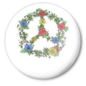 Значок с принтом peace flowers ,  металл | круглая форма, металлическая застежка в виде булавки | Тематика изображения на принте: flowers | peace | мир | цветы