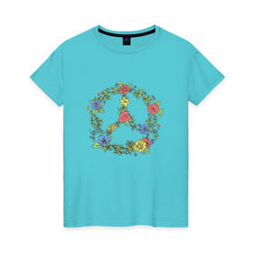 Женская футболка хлопок с принтом peace flowers , 100% хлопок | прямой крой, круглый вырез горловины, длина до линии бедер, слегка спущенное плечо | flowers | peace | мир | цветы