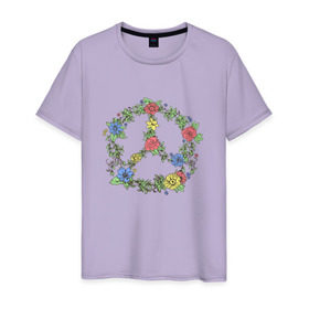 Мужская футболка хлопок с принтом peace flowers , 100% хлопок | прямой крой, круглый вырез горловины, длина до линии бедер, слегка спущенное плечо. | Тематика изображения на принте: flowers | peace | мир | цветы