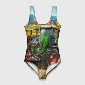 Купальник-боди 3D с принтом Farming simulator 2 , 82% полиэстер, 18% эластан | Круглая горловина, круглый вырез на спине | Тематика изображения на принте: farming | simulator | трактор | фермер