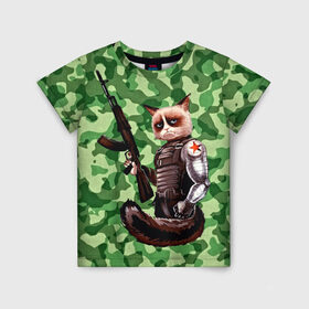 Детская футболка 3D с принтом Воинственный кот , 100% гипоаллергенный полиэфир | прямой крой, круглый вырез горловины, длина до линии бедер, чуть спущенное плечо, ткань немного тянется | Тематика изображения на принте: армия | арт | воин | животные | камуфляж | оружие