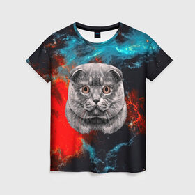Женская футболка 3D с принтом Космический кот , 100% полиэфир ( синтетическое хлопкоподобное полотно) | прямой крой, круглый вырез горловины, длина до линии бедер | Тематика изображения на принте: 3d | cat | арт | взгляд | кот | кот хипстер | котёнок | котятки | котятушки | кошечки | кошка | мордочка