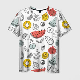 Мужская футболка 3D с принтом Летний микс , 100% полиэфир | прямой крой, круглый вырез горловины, длина до линии бедер | ананас | апельсин | арбуз | груша | еда | клубника | лето | листья | минимализм | персик | раскраска | фрукты | ягоды