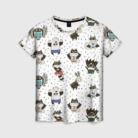 Женская футболка 3D с принтом Лесные супергерои , 100% полиэфир ( синтетическое хлопкоподобное полотно) | прямой крой, круглый вырез горловины, длина до линии бедер | енот | лес | лис | лось | медведь | паттерн | сова