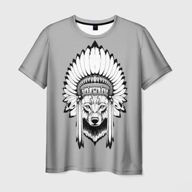 Мужская футболка 3D с принтом Indian wolf , 100% полиэфир | прямой крой, круглый вырез горловины, длина до линии бедер | Тематика изображения на принте: indian | wolf | волк | голова животного | индеец | перья