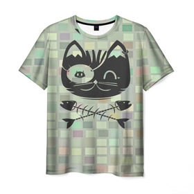 Мужская футболка 3D с принтом Пиратский кот , 100% полиэфир | прямой крой, круглый вырез горловины, длина до линии бедер | 3d | арт | животные | кости | кот | кубики | пират | текстуры | череп