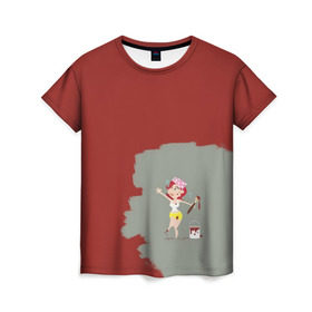 Женская футболка 3D с принтом Рыжая красит в красный , 100% полиэфир ( синтетическое хлопкоподобное полотно) | прямой крой, круглый вырез горловины, длина до линии бедер |  банка | девушка | женщина | капли | кисточка | кисть | краска | красная | маляр | мульт | мультяшка | недокрашенная | прикол | рыжеволосая | следы | строитель